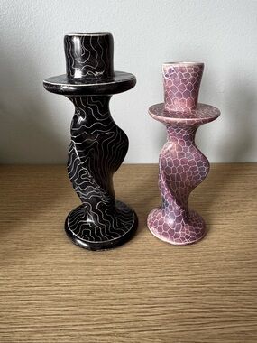 Set of Two Swirled Pattern Soapstone Candlesticks - Black & Mauve